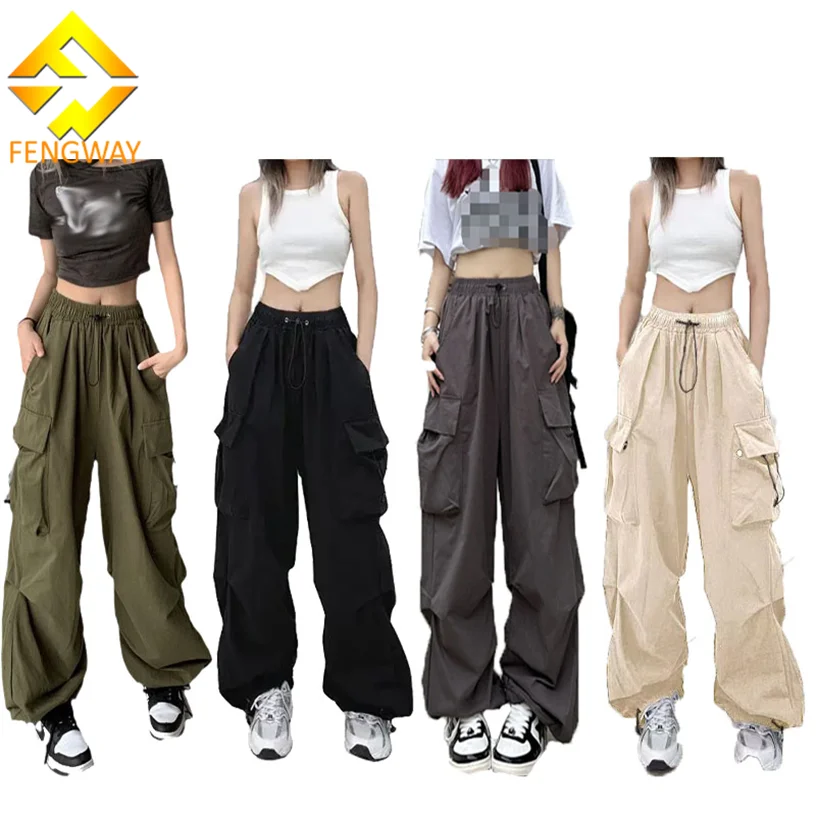 Fengway 2024 Trendy Vintage Wide Leg Pants Women Loose Ankle Trousers Streetwear Drawstring Cargo Pants With Pocket