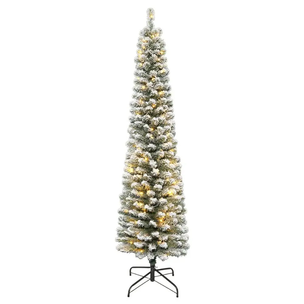 6.5ft pre-lit snowing PVC artificial tree flocked Xmas slim tree with LED Christmas decorations pencil Christmas tree