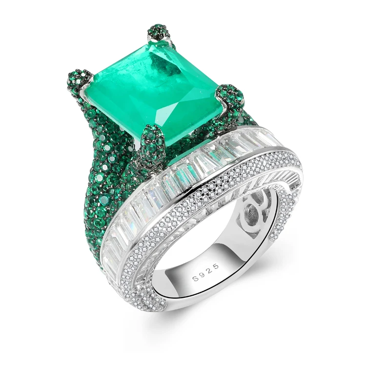 Luxury S925 Sterling Silver Emerald Ring Jewelry Full Cubic Zirconia Big Green Stone Rings Turkish Jewelry Set