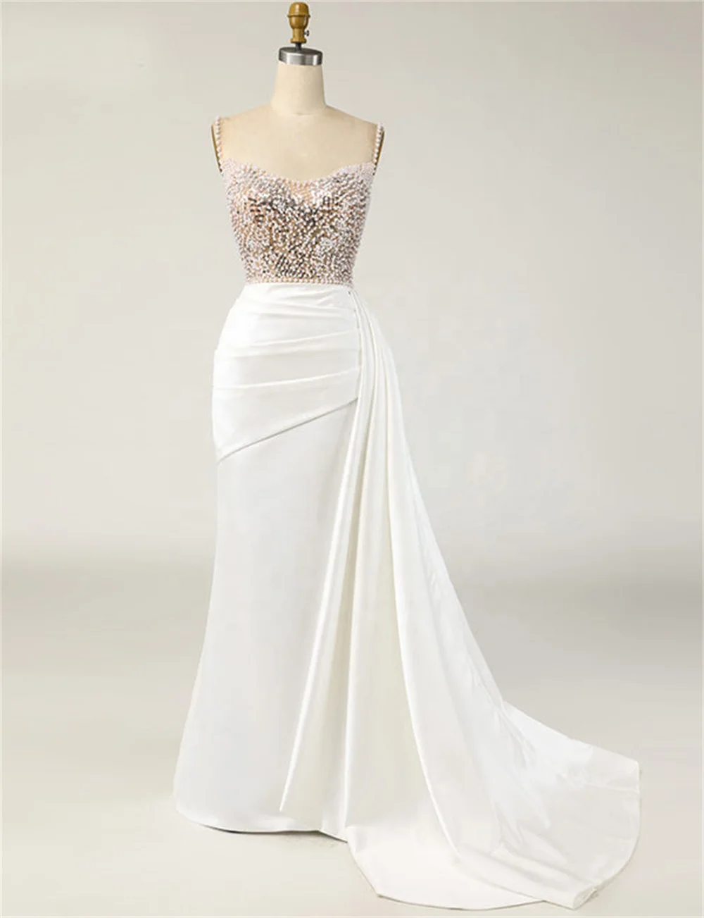 2023 Luxury Pearls Spaghetti Evening Dress Beading Sequins Ruched Prom Gowns Satin Sweep Train Mermaid Wedding Bridal Dress