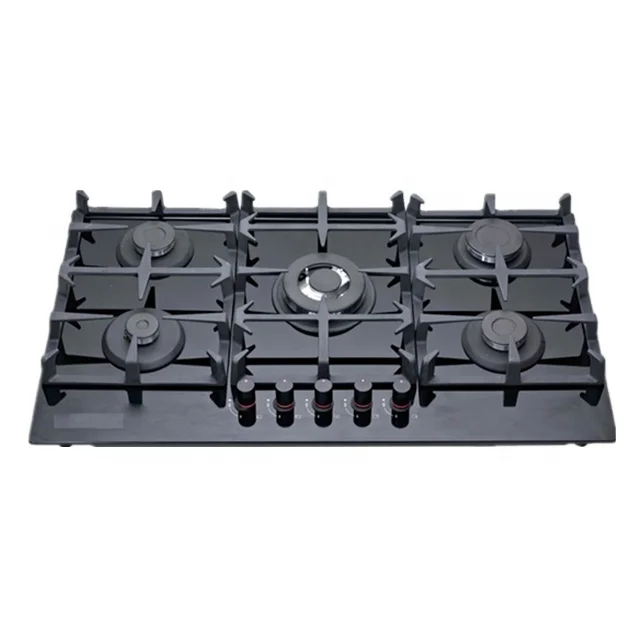 tempered glass panel gas stove 5 burner gas hob with cast iron supporter