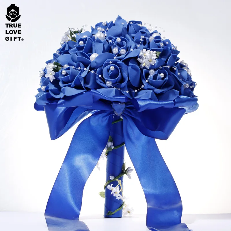Bride Bouquet Pearl Silk Rose Wedding Bouquet Tricolor Blue Red White Holding Flower