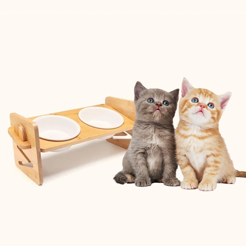 Adjustable Height Raised Pets Bamboo Puppy Feeder Wood Food Drink Bowl 2-ceramics Elevated Bamboo Wood Pets Feeder Holder