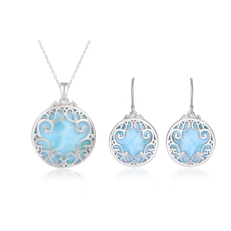 
Flower 925 Sterling Silver CZ Jewelry Sets Classic Earrings Women Pendant Necklace Natural Precious Larimar Top Quality Zircon 