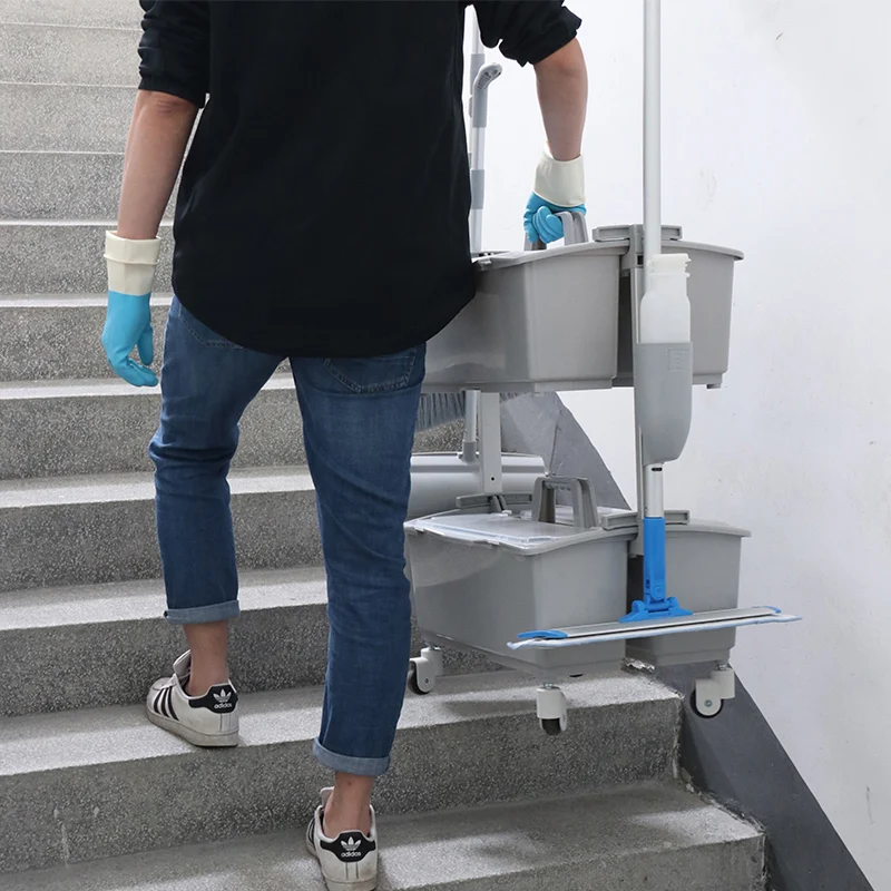 Multi-purpose no-dirty water double decks trolley spray flat mop bucket trolley with wheels and lid
