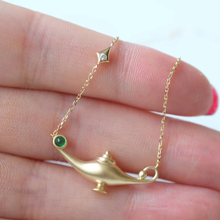Fairy Tale Aladdin Magic Lamp Gold Necklace With Natural Emerald 14K Yellow Gold Bead Blast Finish
