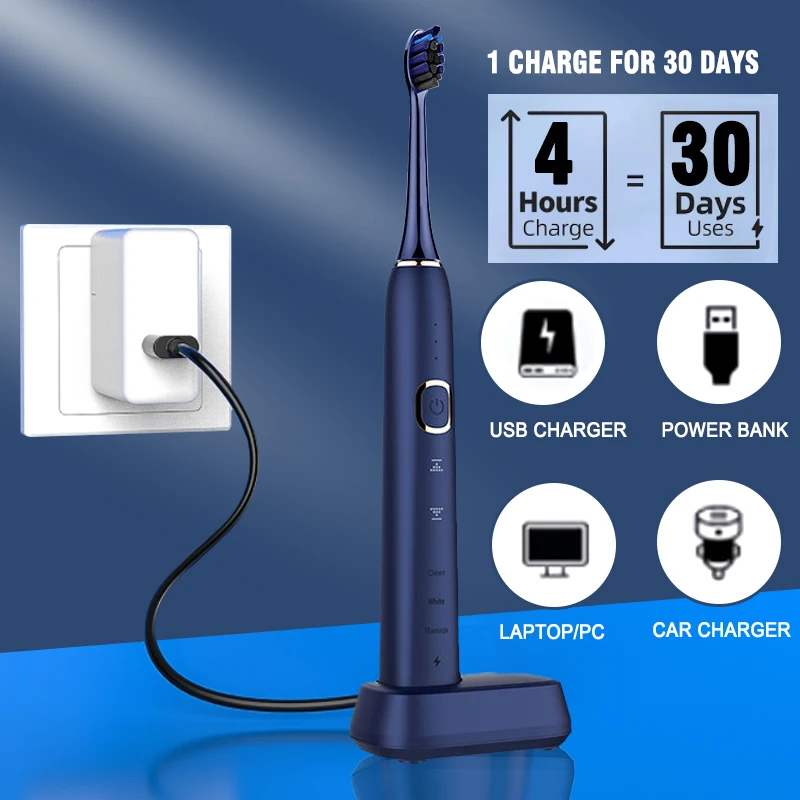 3D TouchSmart Adult Electric Toothbrush Set Wireless Charging Sonic Toothbrush 4 Brush Heads with Travel Case