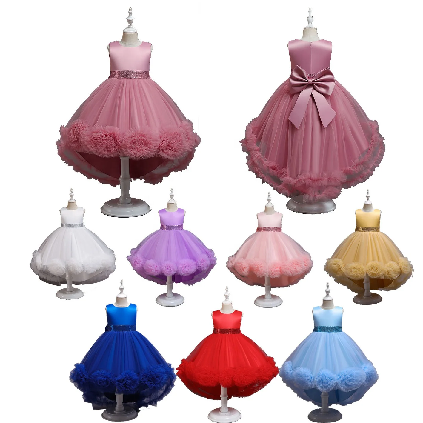 2024  Wholesale Kids Princess Flower Baby Girl Party Dress Frocks Designs Big Bow Kids Trailing Prom Wedding dress
