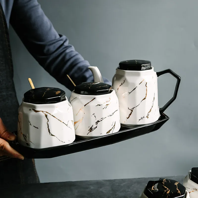 
Wholesale Price Marble Texture Ceramic Kitchen Seasoning Bottle Spice Storage Jar Set 
