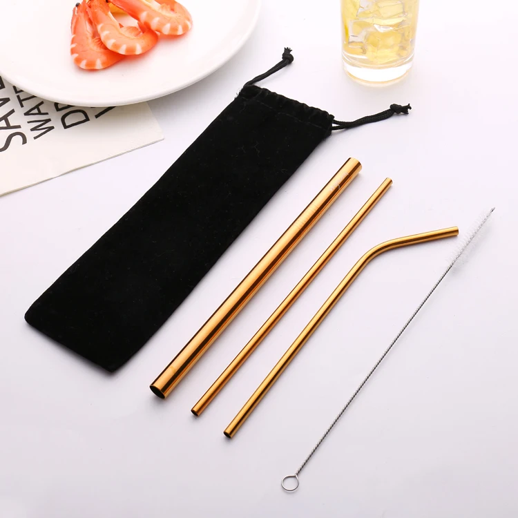 Wholesale eco friendly Reusable 3PCS Stainless Steel Drinking Metal Straws Set With Brush