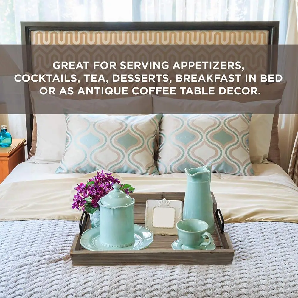 3 piece Decorative Nested Vintage Wood Serving Tray Set For Coffee Table or Ottoman