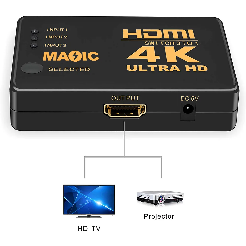 
3-Port HDMI Switcher Splitter, Intelligent CE Certificated Bulk Sale Supports 4K Full HD1080p 3D HDMI Switch 4K with IR Remote 