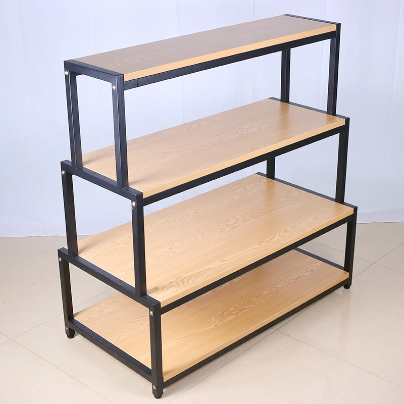 Top selling modern design 4 tier retail shoe display shelves wood metal shoe display stand