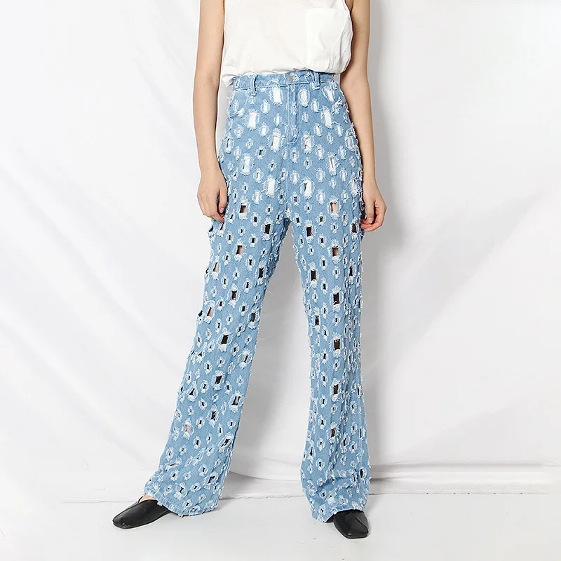 2022 Spring New Retro Old Hollowed out Washed Loose Denim Women Wide Leg Pants Wholesale Jean for Girls Ripped Jeans