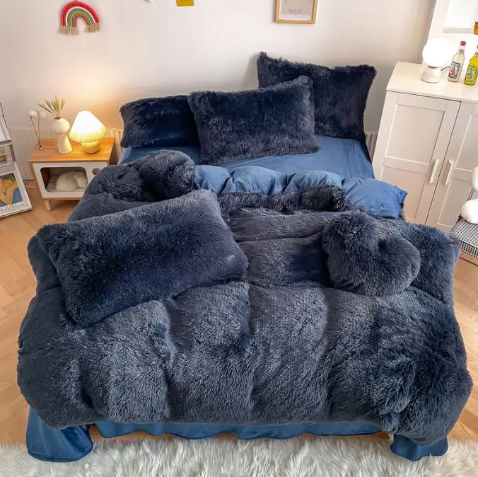 Dark blue Fluffy Comforter Cover Bed Set Faux Fur Fuzzy Duvet Cover Set Luxury Ultra Soft Plush Shaggy Duvet Cover 3/4 Pieces