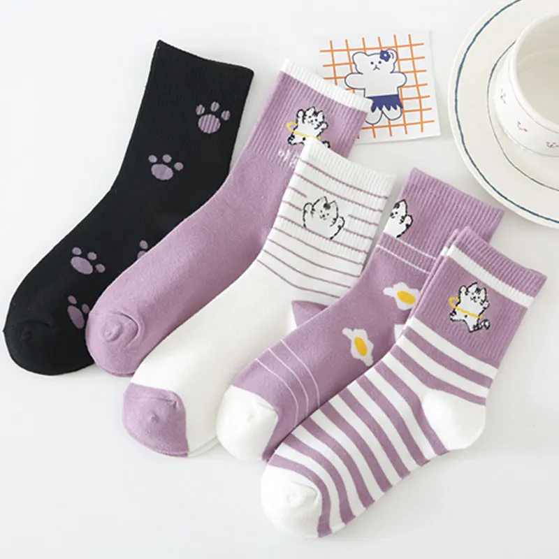 Fashion Novelty Cat Knitted High Quality New Custom Purple Cotton Crew Girls Cute Ins Tube Designer Socks For Women