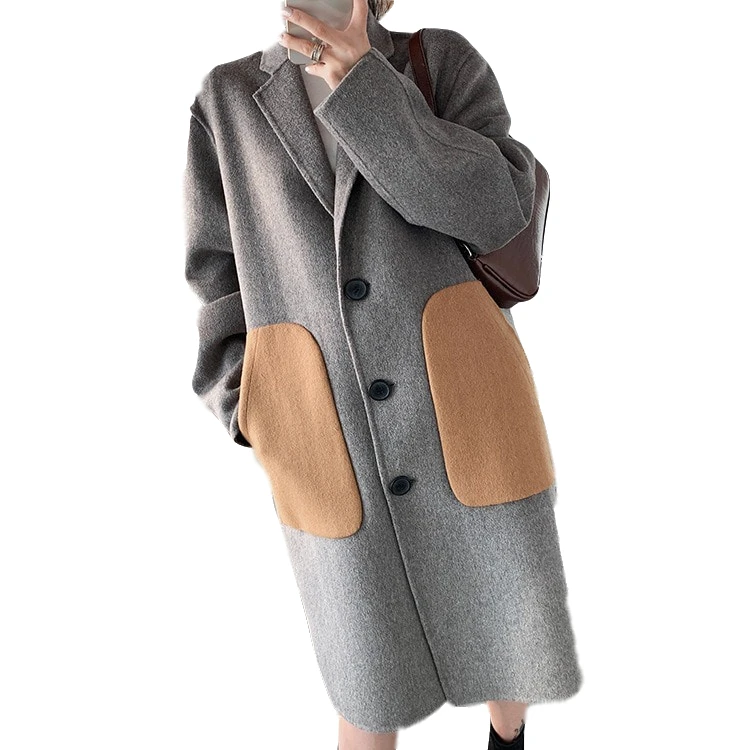 
fashion winter ladies loose single breasted pocket double-sided wool long coat lady casual temperament elegant women coat 