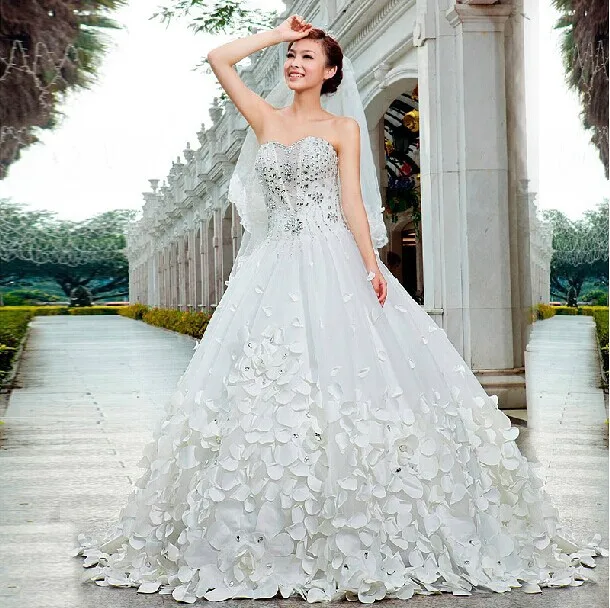 Strapless Wedding Dress Royal Train Beaded Lace Wedding Dress Cathedral Train Flowers Wedding Dress Long Train