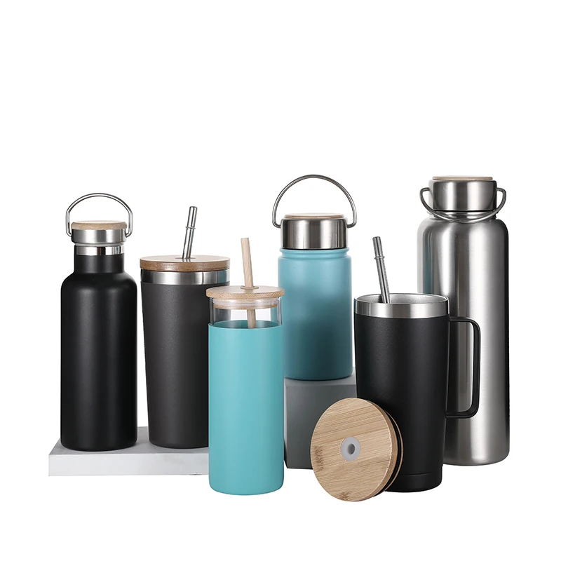 Stainless Steel Sports vacuum insulated Water Bottle and tumbler Beverage Bottle with Leak-Proof Bamboo Lid with handle