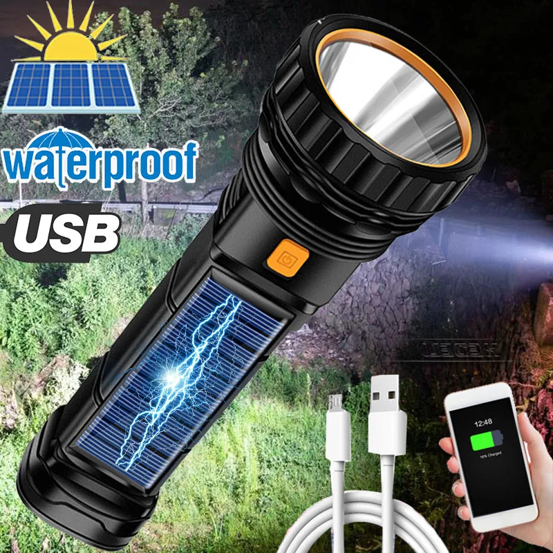 USB/Solar Rechargeable Flashlight Super Bright Tactical Torch Outdoor Portable  LED Power Bank Camping Light