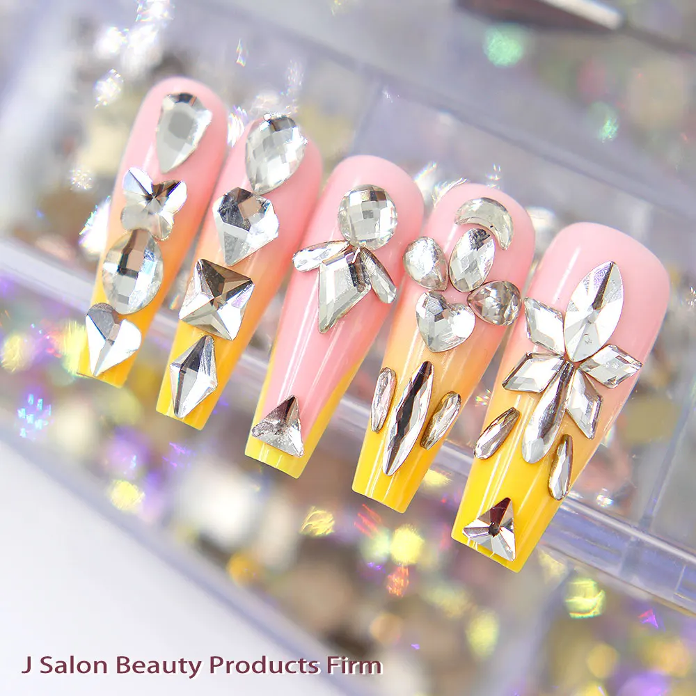 
20 Grids/box Shinny glass Nail Art Glitter Jewelry nail decoration mixed shape Rhinestone Bead manicure supplies 