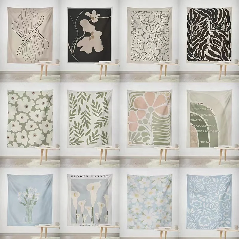 Mandala Tapestry Wall Hanging Bohemian Hippie White Tapestry Sketched Floral Print Tapestries for Home Bedroom Wall Deco