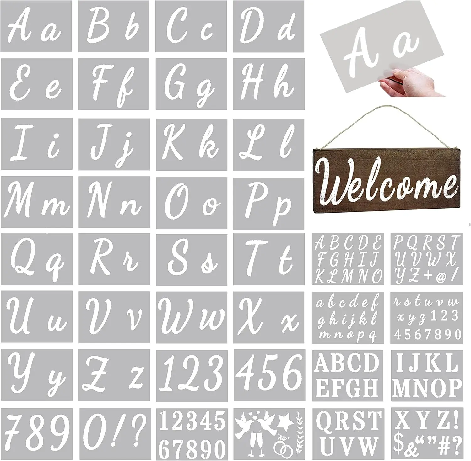 40 pack Reusable Mylar Plastic Non Toxic Alphabet Letter Number Stencils Set Templates with Signs in Multiple Fonts for Drawing