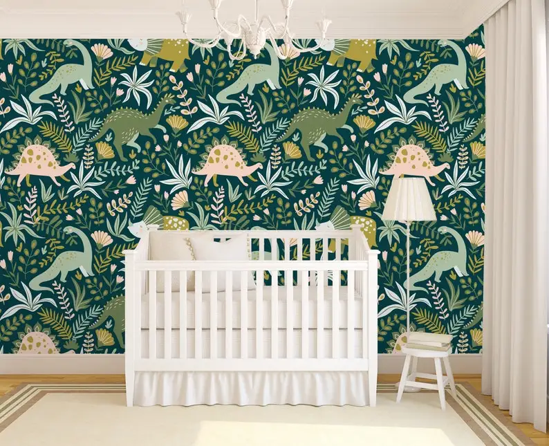 Hand drawn dinosaurs and tropical leaves and flowers removable wallpaper,Self Adhesive Peel &Stick Nursery Decor Kids room mural