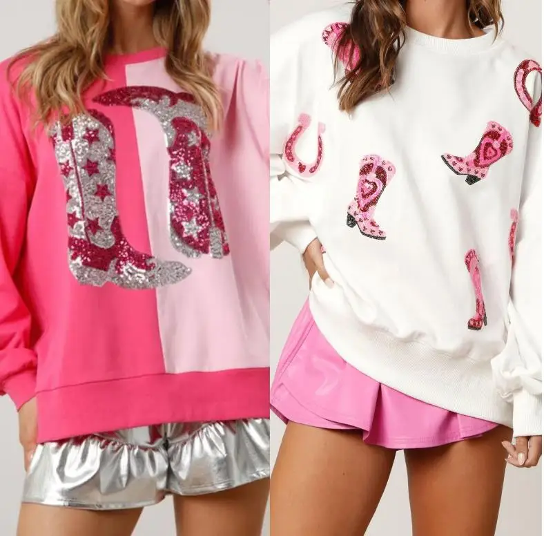 Custom Christmas atmosphere women sequin blank t shirts Sequined Boots Color Block Versatile Top Long Sleeve Sweatshirt