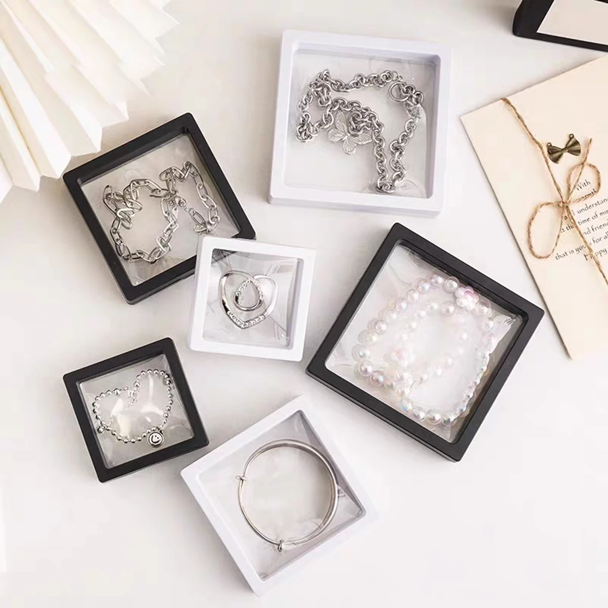 Dust Proof Clear PE Film Membrane 3D Floating Frame Display Case Custom Logo Jewelry Coin Ring Organizer Packaging Gift Box
