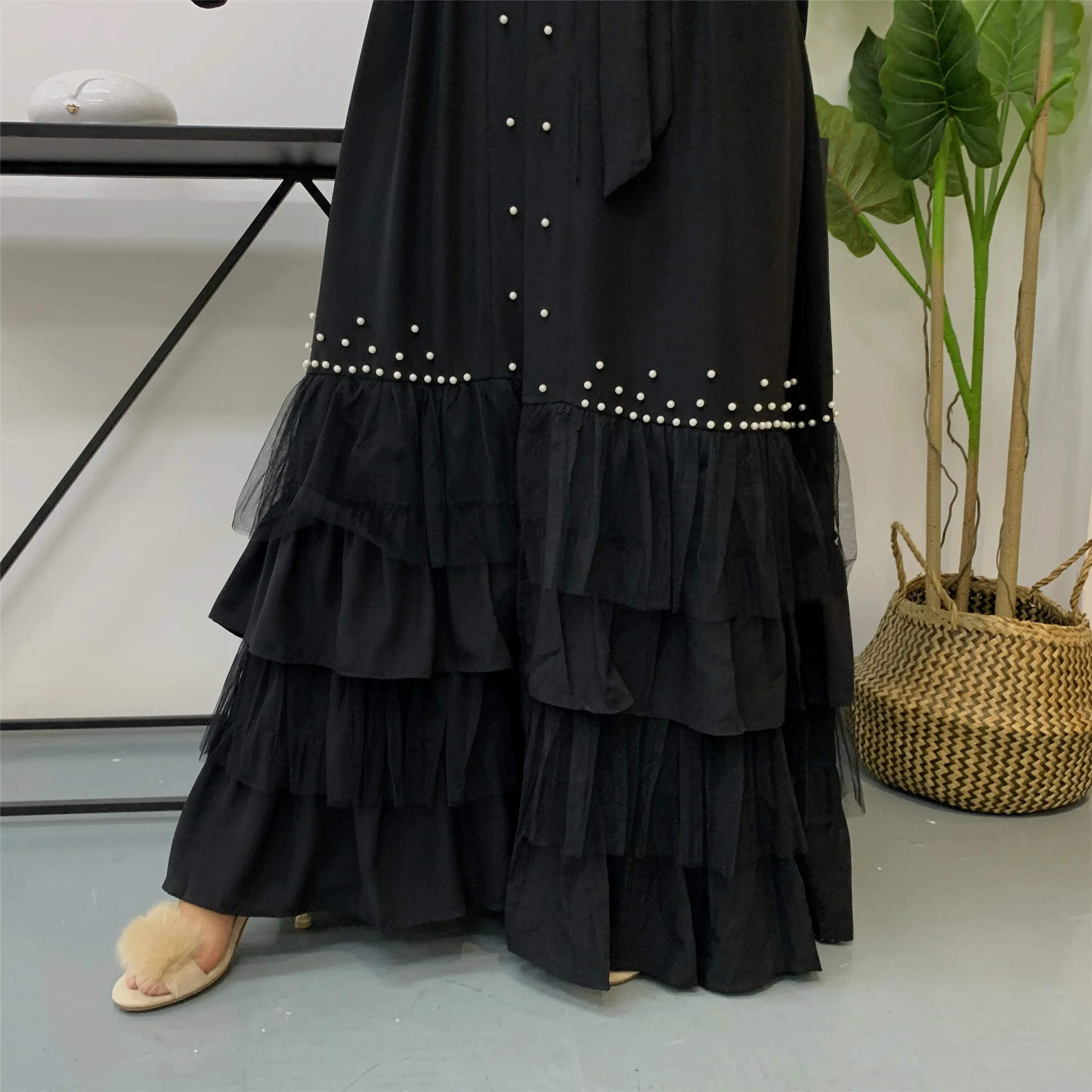 Muslim Women Modest Black Ethnic Clothing Beading Cake Bottom Mesh Design Kimono Cardigan Islamic Chiffon Abaya Dubai
