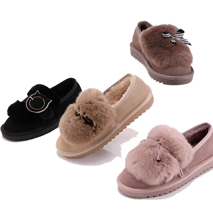 
Fashion Custom Indoor Casual Colorful Ladies Flat Comfortable Warm Rabbit Fur Slip-On Women Moccasin Slippers Shoes 