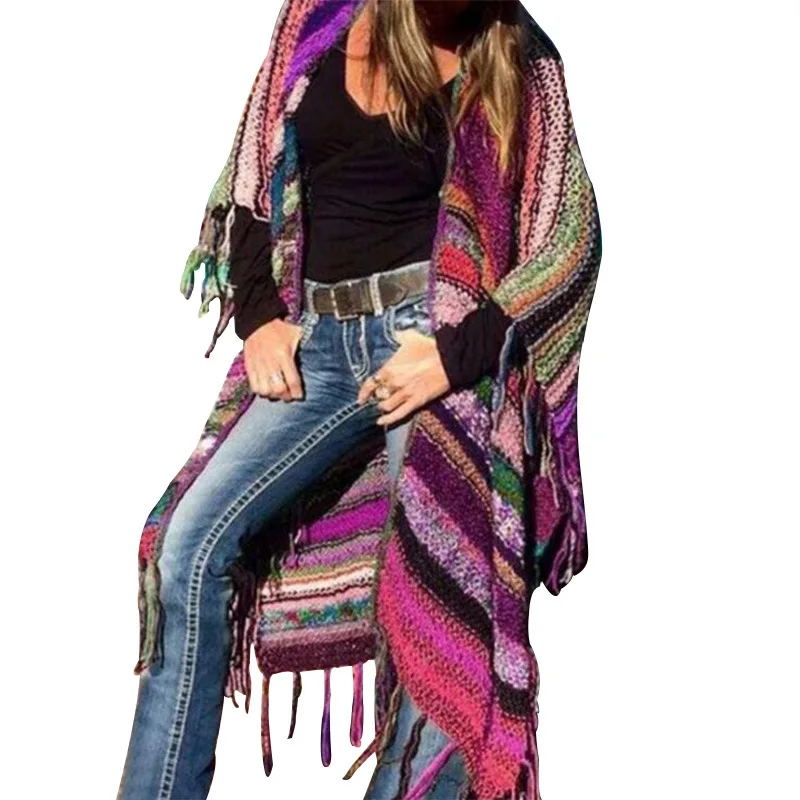 2021 сезон осень-зима; Женские ботинки в богемном стиле кардиган с кисточками кардиган, вязаный свитер, ацтекский Племенной бахрома пальто S-5XL кардиган