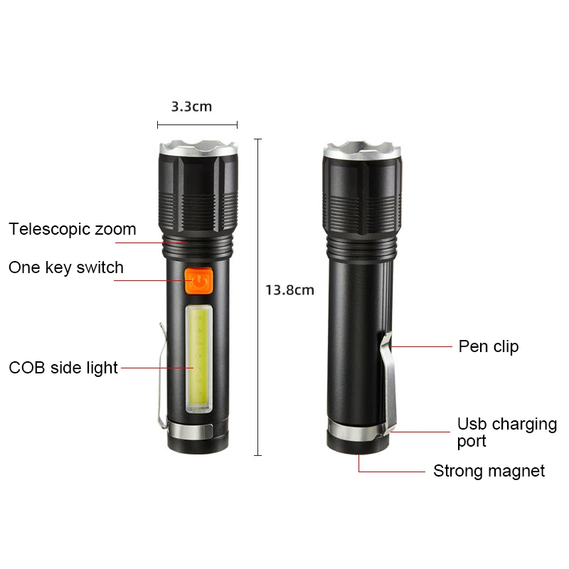 Helius Wholesale Outdoor LED P50 Beads Rechargeable Aluminum Alloy Telescopic Zoom with COB Side Light Flashlight