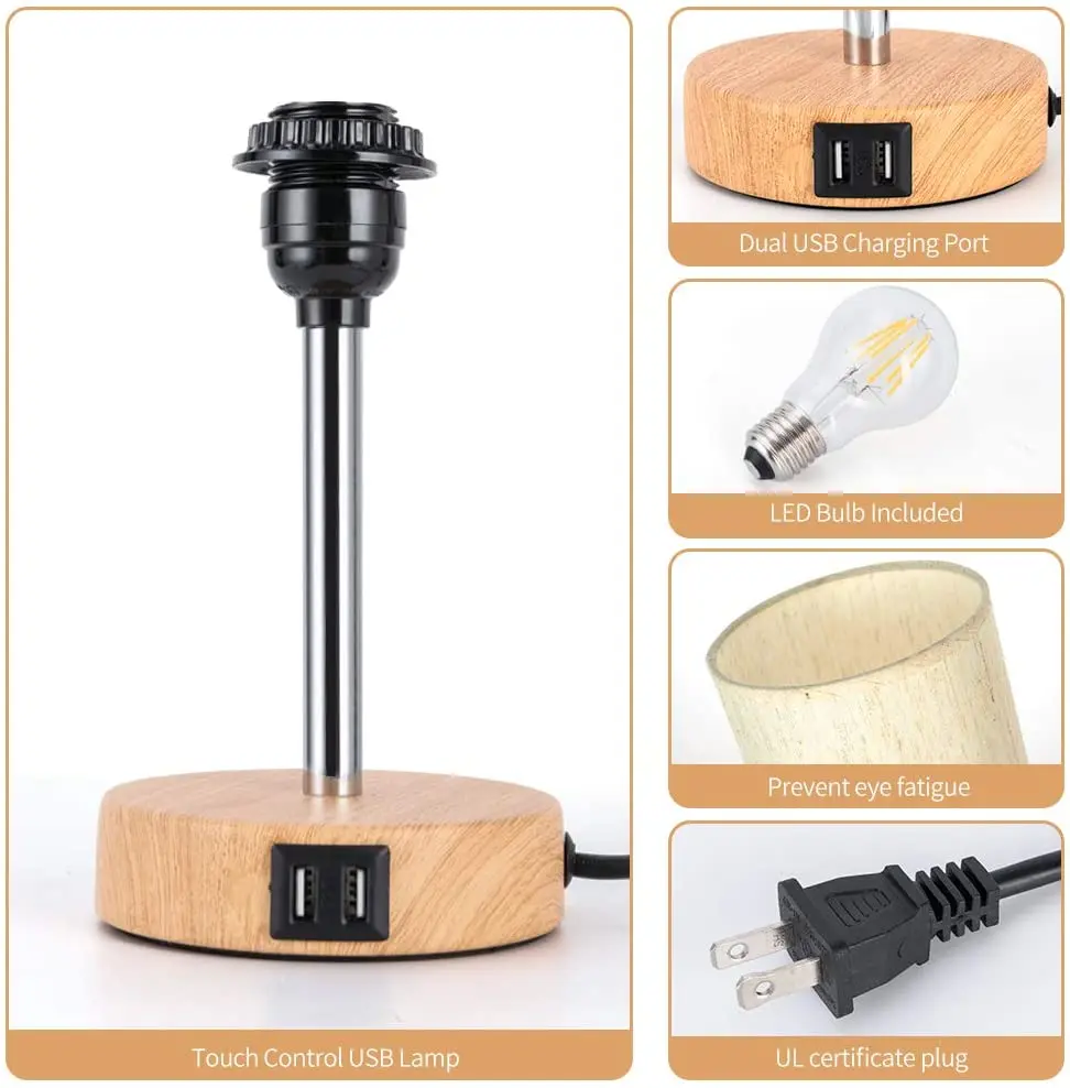 Touch Switch Double Usb OutputPopular Modern Style Wooden Table Lamp Holder Base Touch Control Table Lamp