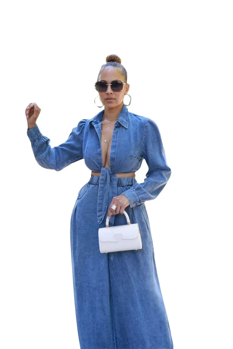 TS1314 Casual Wide Leg Pants Denim Two Piece Set