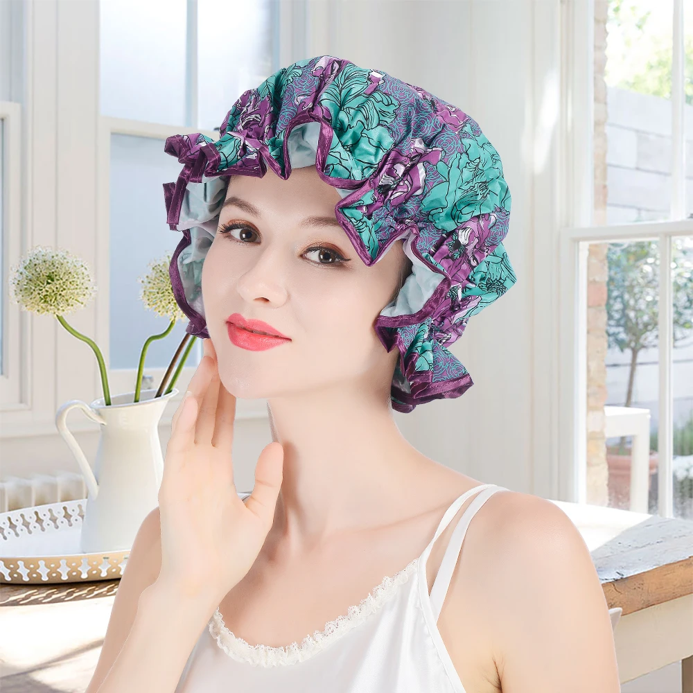  Shower Cap Reusable Ribbon Bath Oversized Large Design With Moldproof and Waterproof Exterior for All Hair Lengths Spa