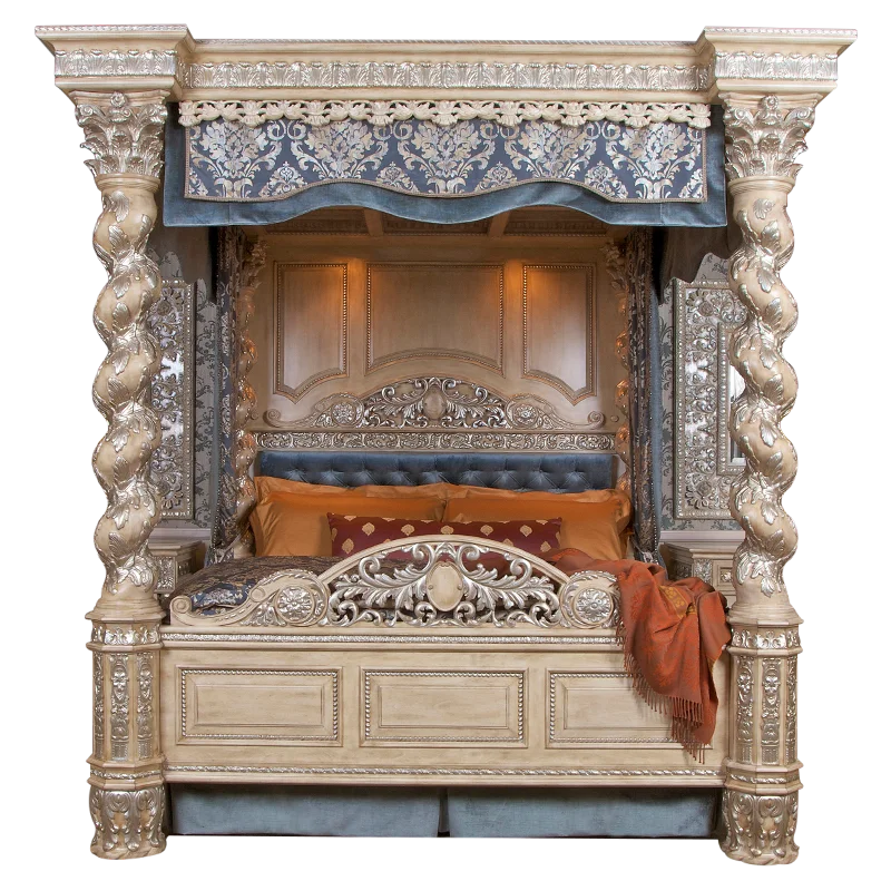Antique Style Four Pillars Carving Large Luxury King Double Bed Bedroom Furniture Set Royal Palace Wood Pillars Bed
