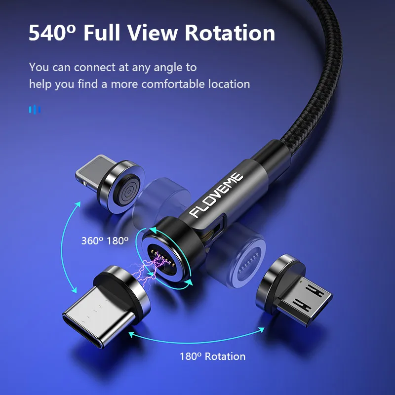 Бесплатная доставка 1 образец OK FLOVEME CE FCC RoHS вращение на 540 градусов 3A Быстрый USB зарядный кабель