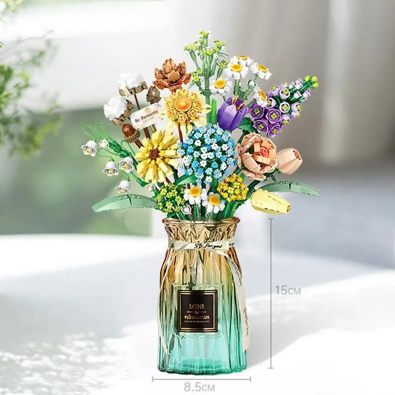 CE Building Block Bouquet Chrysanthemum Rose Flower Assembly Brick 3D Model Toy Home Decoration Plant Potted Girl Toy Child Gift
