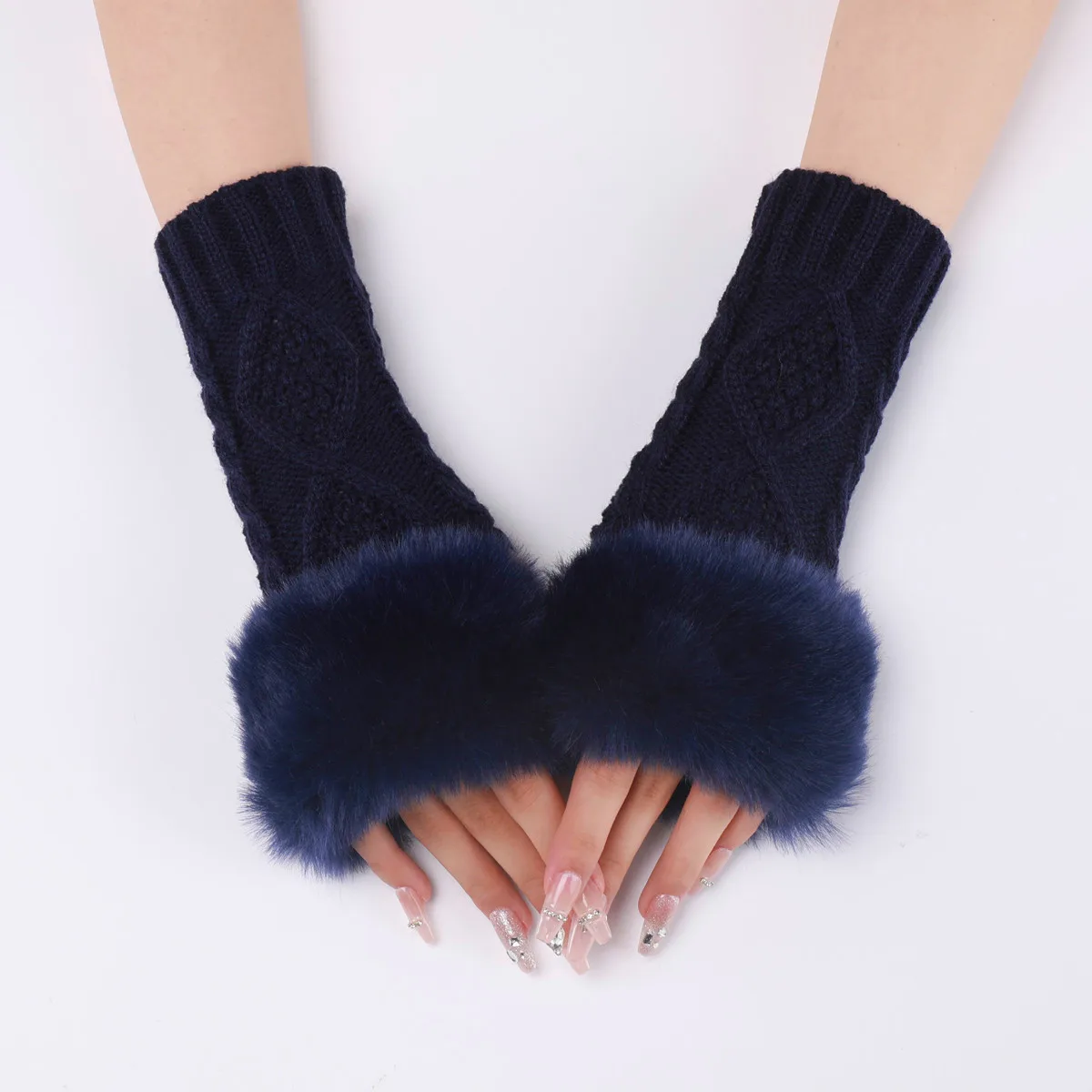 Women Fuzzy Fluffy Fur Knit Gloves Mittens Thumb hole Short Wrist Warmers Winter Knitted Fingerless Gloves Arm Warmers