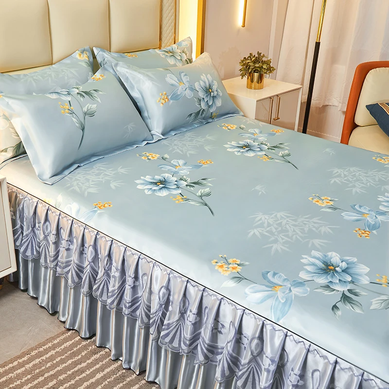 American Style Ice Silk Lace Trimmed Elastic Detachable Bed Skirts flora