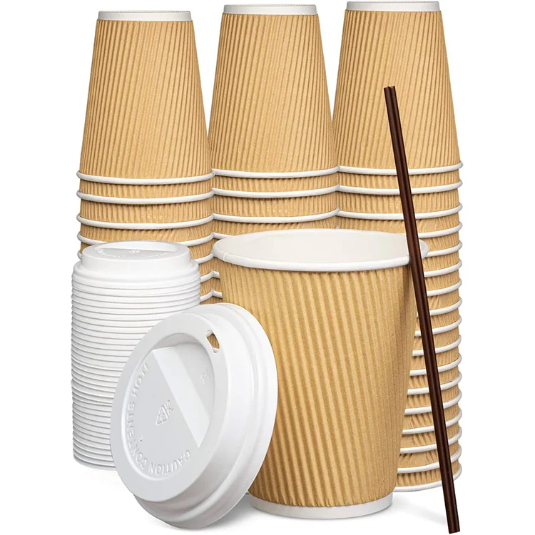 Recyclable 12oz Double Wall Kraft Paper Coffee Cup With Lids For Coffee shop