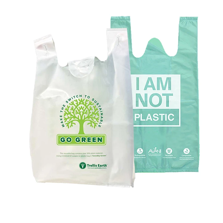 Factory Custom Logo 100% Biodegradable Compost Pla+Pbat+Corns Supermarket Die-Cut T-shirt Vest handle Shopping takeaway Bag