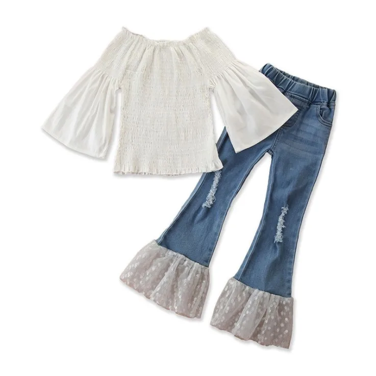 
2020 Brand New Girls Clothes Set Fashion Kids Girl One Shoulder Tops+Flare Pants Jeans 2pcs Kids Clothes Set Hot Sell 