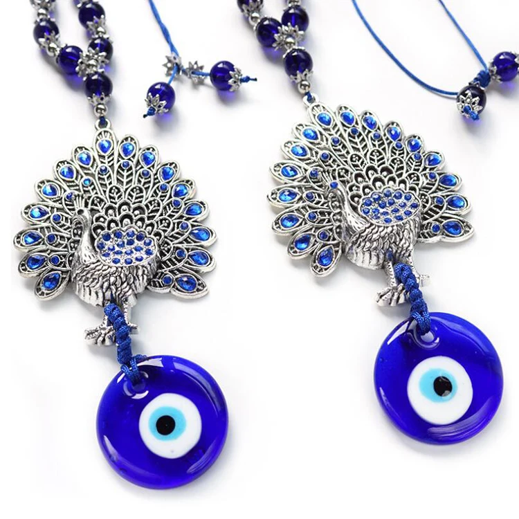 Blue Eyes Metal Peacocks Pendant Abstract Home Decor Talisman to Ward off Evil & Bring Good Luck Car Hanging & Wall Deco