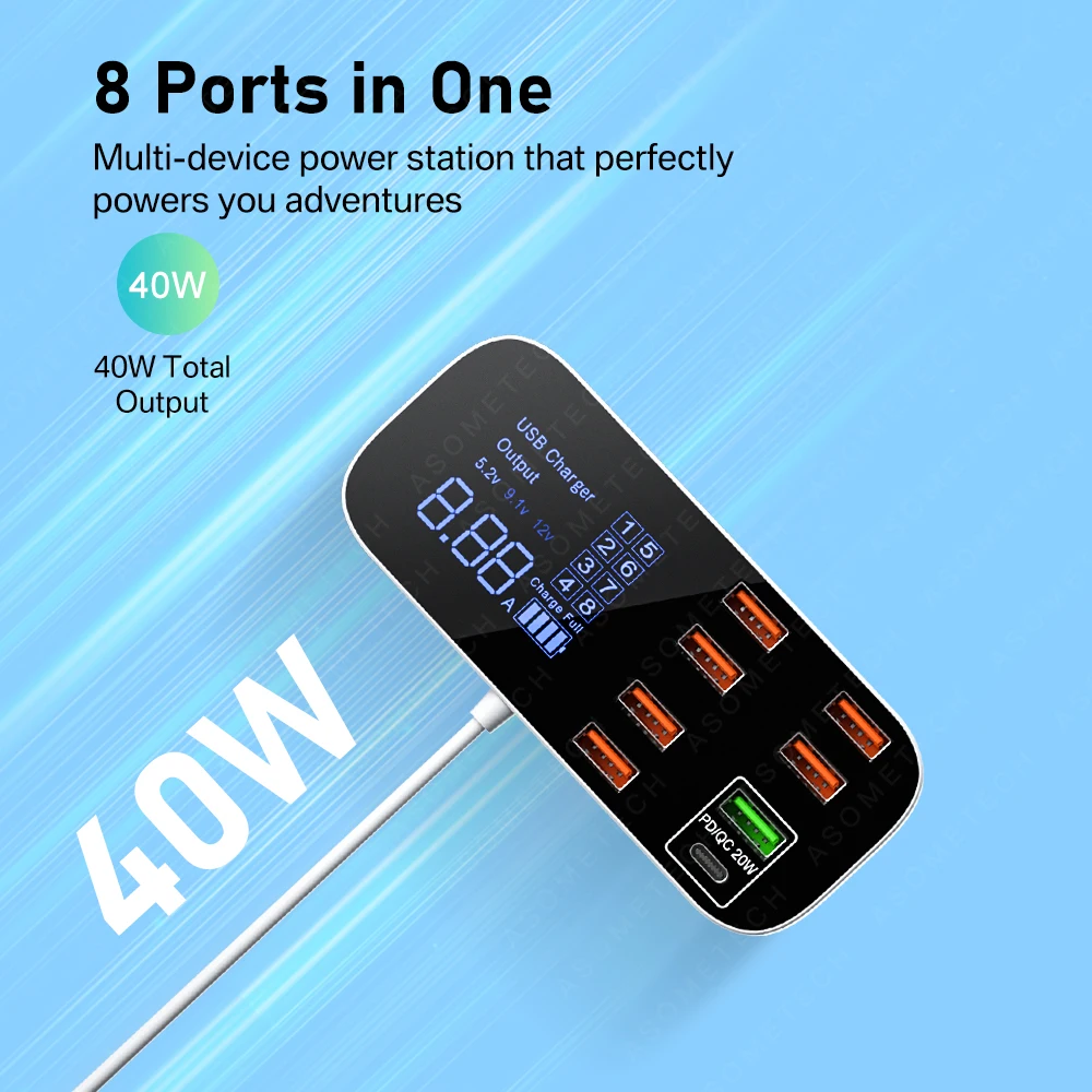 40W USB Phone Charger QC3.0 USB C Type C Fast Charger 8 Ports 8A Digital Display Charging Station Portable Travel Wall Charger