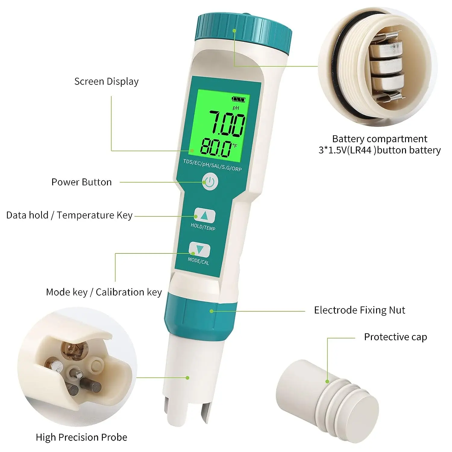 8 in 1 High Accuracy Xiuda TDS Testing Pen Best Selling Ph/EC/Salt/Tem/orp/S.G/H2 Water Tester Swimming Pool Smart Home Product