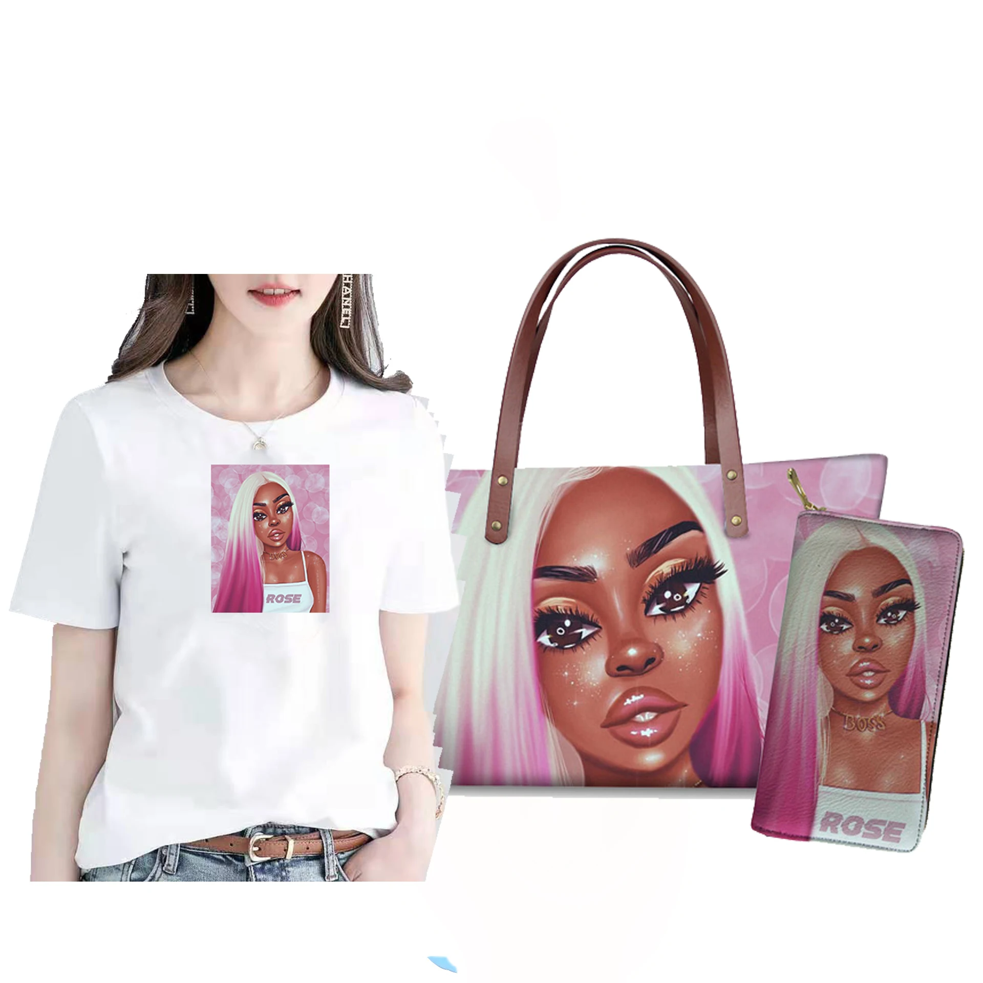 
2021 Wholesale Luxury Design Handbag Cartoon Black Art Girl Printed Hand Bags Women Ladies Purse Handbags Set Females Tote Bags 