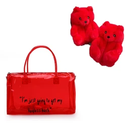 Hot Overnight Bag And Teddy Bear Slippers Set Selling Travel Custom Clear Pvc Spend The Night Bag Pink Gym Duffle Sports Bag
